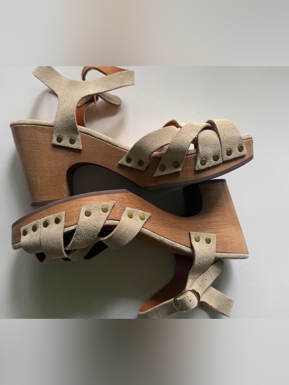 Sezane Women's 40 US 9 Ivory Khaki Suede Strappy Isabelle Clog Sandals Scandi